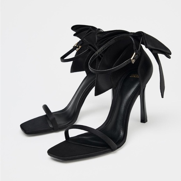 NWT. Zara Black Satin Effect High-Heel Shoes/Sandals with Bow. Size 9. - Picture 1 of 7